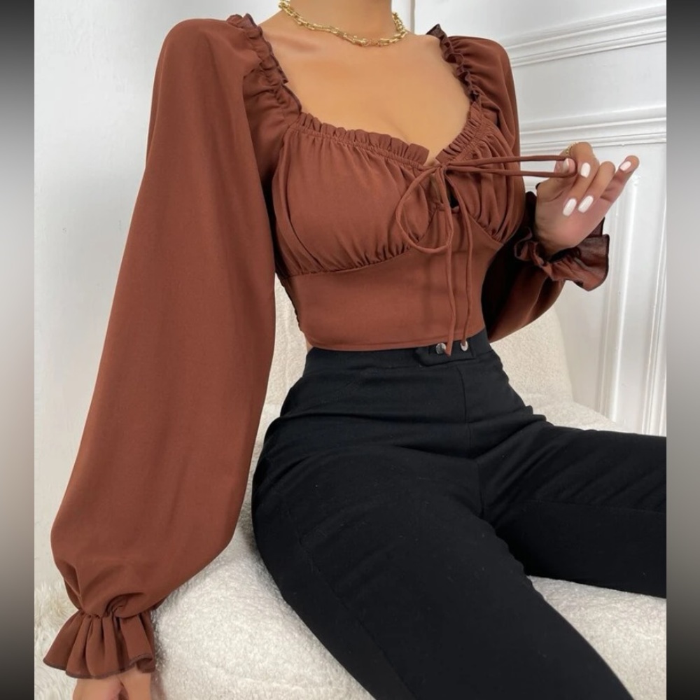 5/$25 Frill Trim Bell Sleeve Ruched Bust Top